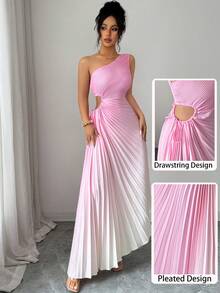 Modelyn Yellow Sleeveless Asymmetric Neck Pleated Ombre Dress For Women - Pink - View 6