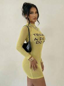 Swim SXY Ladies' New Sexy Semi-Transparent Printed Long-Sleeved Dress, Net-Silk Printed, YK2 Cool Girl Style. - Yellow - View 2
