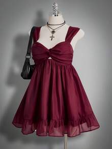 ICON Vestido de muñeca de talla grande con volante frontal retorcido y dobladillo de mini vestido de princesa, vestido retro Y2K, gótico, dulce - Rojo cereza - Ver 4