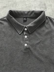 ROMWE MEN Essentials 男士水洗复古宽松 Polo 衫，复古街头风 - 黑色 - 查看 2