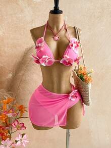 Soleia Women's Cute 3D Floral Halter Tie Bikini Two-Piece Swimwear With Cover Up Skirt 3 Pieces Set - Pink - View 1