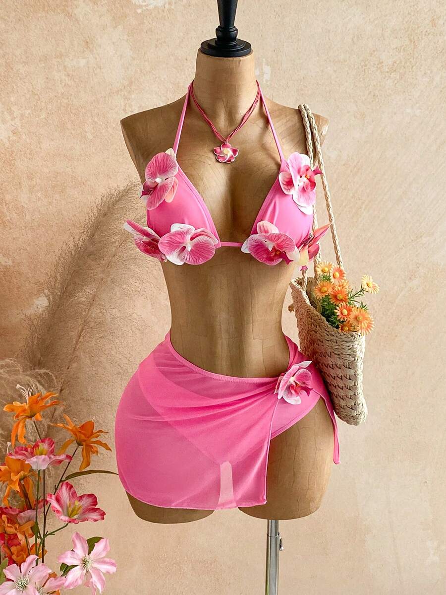 Soleia Women's Cute 3D Floral Halter Tie Bikini Two-Piece Swimwear With Cover Up Skirt 3 Pieces Set - Pink - View 1