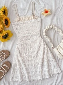 SHEIN Đầm hai dây dệt kim jacquard cho bé gái tuổi teen, màu mơ. - Màu be - Xem 2
