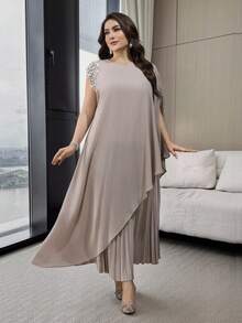 Modelyn Plus Size Women Elegant Poncho Sleeve Rhinestone & Faux Pearl Decor Irregular Hem Long Top And Pleated Skirt 2 Piece Set - Khaki - View 8
