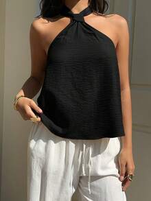 SHEIN EZwear Atasan Wanita Model Halter Neck Tenun Warna Hitam, Atasan Musim Panas - Hitam - View 3