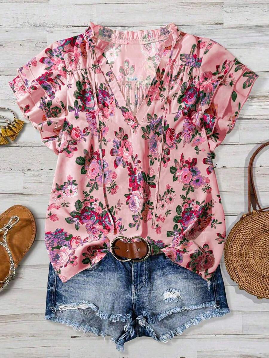 SHEIN Franclia Women's Pink Vacation Floral Print V-Neck Ruffle Short Sleeve Loose Blouse - Pink - View 1