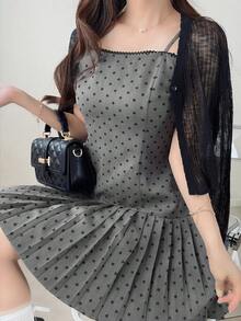 FRIFUL Đầm ngắn không tay chấm bi có bèo nhún dành cho nữ, thích hợp mặc mùa hè. - Xám - Xem 3