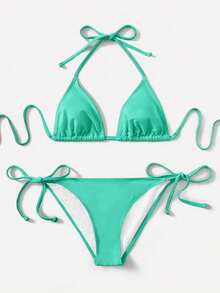 Swim Basics 女士夏季沙滩纯色吊带系带性感比基尼泳装套装 - 薄荷綠 - 查看 1