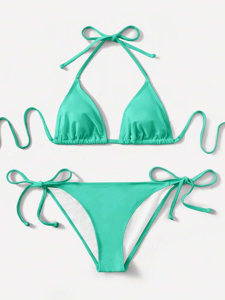 Swim Basics 女士夏季沙滩纯色吊带系带性感比基尼泳装套装 - 薄荷綠 - 查看 1