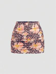 SHEIN Unity Conjunto de Duas Peças com Estampa Floral de Leopardo, Cropped com Decote em V e Costas Abertas, e Saia Míni com Babados, Design Casual, Sexy e Ideal para Férias e Festas, Primavera/Verão - Castanho - Visão 3