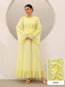 Graceveil Elegante vestido de vacaciones con cuello con volantes, cintura con lazo, mangas largas y bajo acampanado, grácil y hermoso - Amarillo - Ver 4