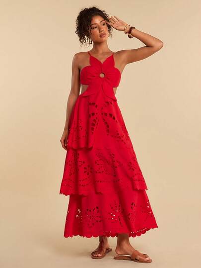 Travachic Solid Color Woven Multi-Layer Ruffle Hem Spaghetti Strap Backless Dress For Women, Spring/Summer,Summer Dresses For Women