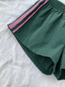 SHEIN 少女绿色拼接丝带休闲短裤 - 綠色 - 查看 5
