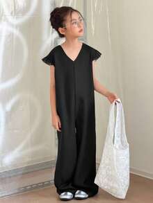 DAZY V-Neck Straight Sleeveless Solid Color Tween Girls Jumpsuit Summer - Black - View 4