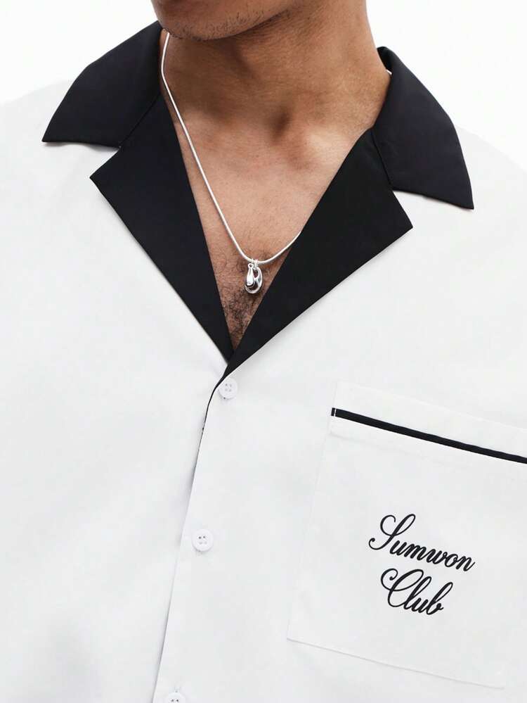 SUMWON Camicia casual estiva da uomo a maniche corte con bottoni, colletto nero a contrasto e taschino sul petto con logo ricamato