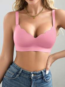 NudeFit 1pc Seamless Minimalist Wavy Edge Solid Color No Underwire Push Up Full Coverage Women Bra - Pink - View 6