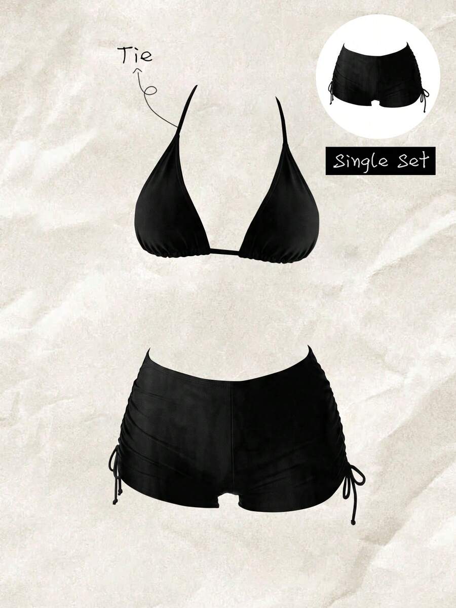 Elavelle Shorts de playa de unicolor con cordón lateral para mujer