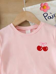 SHEIN Sparklyn 2件套，适合8-12岁女孩，活力甜美风格/清新可爱樱桃蝴蝶结印花粉白条纹圆领短袖T恤+短裤，轻薄透气，适合日常穿着、上学、儿童节活动、春夏秋季穿着。 - 彩色 - 查看 7