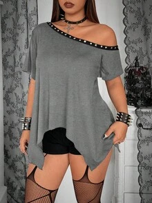 Whyspr Camiseta holgada de hombros descubiertos con bajo asimétrico para tallas grandes - Gris - Ver 5