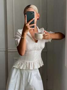 DAZY Blusa elegante de verano con cuello de volantes, mangas cortas y lazo en la cintura para mujeres - Albaricoque - Ver 3