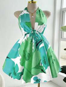 Sweetra Đầm nghỉ mát gợi cảm cỡ lớn, kiểu cổ yếm buộc dây, in họa tiết toàn thân. - màu xanh lá - Xem 4