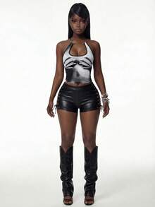 Amplova 2026新款性感低胸镂空露脐印花吊带背心（女款） - 黑與白 - 查看 3