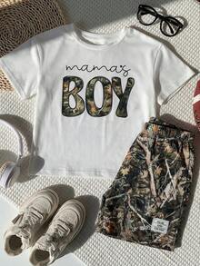 SHEIN 2pcs Young Boys White Summer Set,Casual Cute Graffiti Cartoon Pattern Round Neck Short Sleeve T-Shirt And Shorts Knit Set,Toddler Kids Outfits,School - Multicolor - View 2
