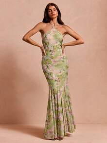 Enchnt Women's Summer Elegant Green Floral Print Chiffon Open Shoulder Halter Long Dress,Vintage Prom Dress,Wedding Guest,Luxury Evening Party Dress - Green - View 5