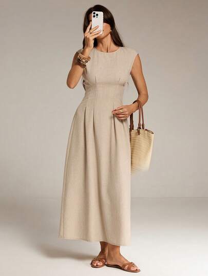 SHEIN Tall 女士简约优雅日常休闲通勤度假办公装亚麻色竹纹圆领无袖腰部褶皱A字中长连衣裙，夏季亚麻连衣裙，商务休闲女装，秋季女装，女士办公装，办公室装，机场装，机场旅行装，外出装，秋季婚礼宾客礼服
