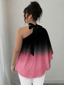 Elenzga Plus Size Contrast Color Ombre Tie Shoulder Asymmetrical Hem Blouse - Multicolor - View 2