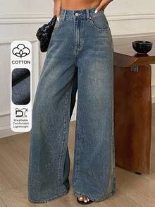 DAZY Casual Vintage Distressed Blue Straight Leg Jeans For Women, Spring & Summer - Blue - View 1