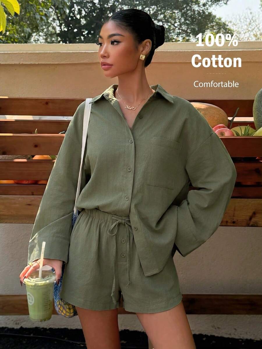 Muchica Conjunto de Camisa Trançada Branca e Shorts Casuais de Verão para Mulheres - Verde Militar - Visão 1