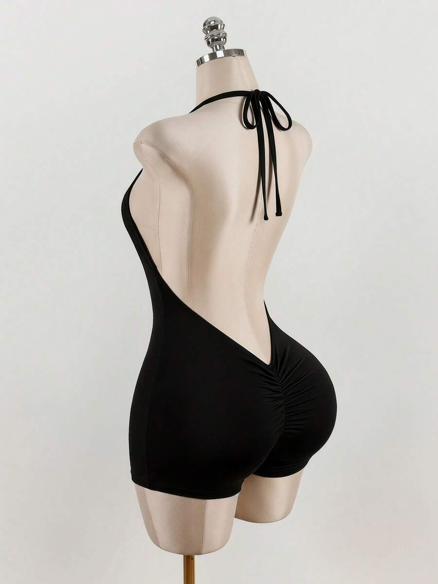 SHEIN ICON Combinaison sexy à col croisé et décolleté plongeant - Noir - Voir 1