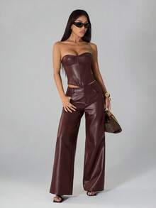 SHEIN PETITE Áo croptop quây ngực bằng da PU màu nâu thời trang gợi cảm dành cho nữ, áo corset da, áo màu nâu, áo đi chơi đêm, áo đi club, áo corset nâu, áo dự tiệc, áo da, áo mùa hè, áo quây ngực, áo Halloween, áo Giáng sinh, áo năm mới - Màu Đỏ Sâu - Xem 4