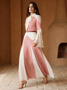 Anewsta Striped Flare Sleeve Tie Waist Design Women Long Dress - Red - View 5