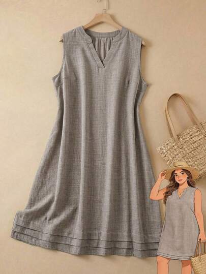 Rusticease Vestido corto sin mangas de color marrón sólido para vacaciones de verano para mujer de talla grande