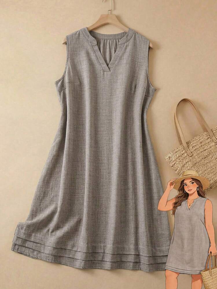 Plus Size Women's Summer Casual Vacation Country Solid Brown Sleeveless Short Dress,Summer Vacation,Casual Holiday Style,Summer Outfits For Women ,Vacation Outfits Women ,Holiday Outfits For Women,Going Out Outfits,New Clothes,Simple And Fashionable For Everyday Wear,Suitable For Summer, Vacation, Daily Wear, Festival Outfits For Women,Country Concert Outfit,Beach Outfits For Women,Western Style,Flowy Dress,Gifts For Mother,Boho Dress