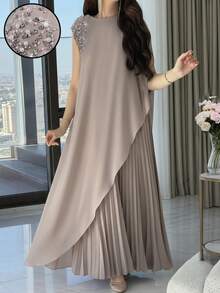 Modelyn Plus Size Women Elegant Poncho Sleeve Rhinestone & Faux Pearl Decor Irregular Hem Long Top And Pleated Skirt 2 Piece Set - Khaki - View 2