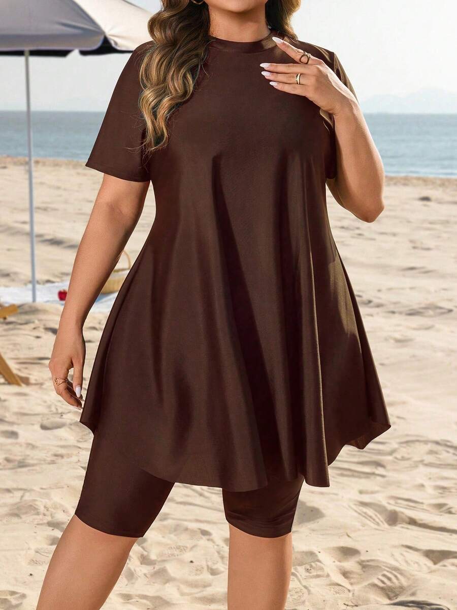 Swim Mulvari Bộ đồ bơi Burkini 2 mảnh dáng rộng, dài đến giữa bắp chân, kín đáo, chống nắng, thích hợp cho nữ cỡ lớn, đi nghỉ mát, chống nắng. - Cà phê nâu - Xem 1