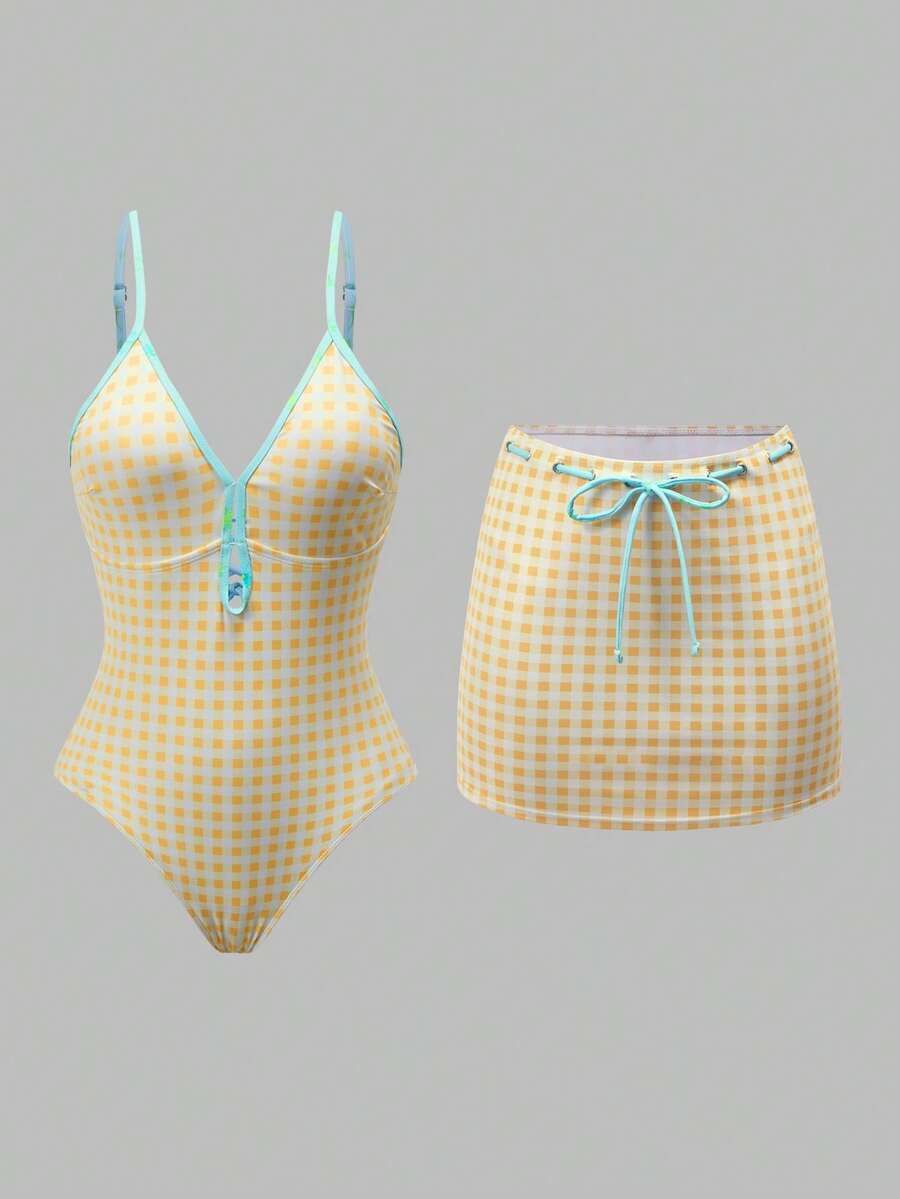 SHEIN Swim Mod Women's Retro Plaid Blue Matching Minidress One-Piece Swimsuit, Suitable For Vacation - Yellow - View 1