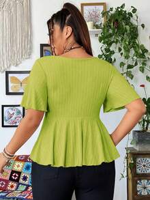 Vibekara Plus Size Women V-Neck Ruffle Sleeve Pleated Fashion T-Shirt - Limelight Green - View 2