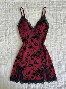 Elamini 女士蕾丝植绒V领吊带休闲连衣裙，适合度假、春夏穿着 - 酒紅色 - 查看 5