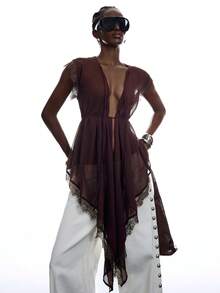 LYSMO Blusa transparente con bordado de encaje y lazo asimétrico de moda para mujer - Café integral - Ver 6