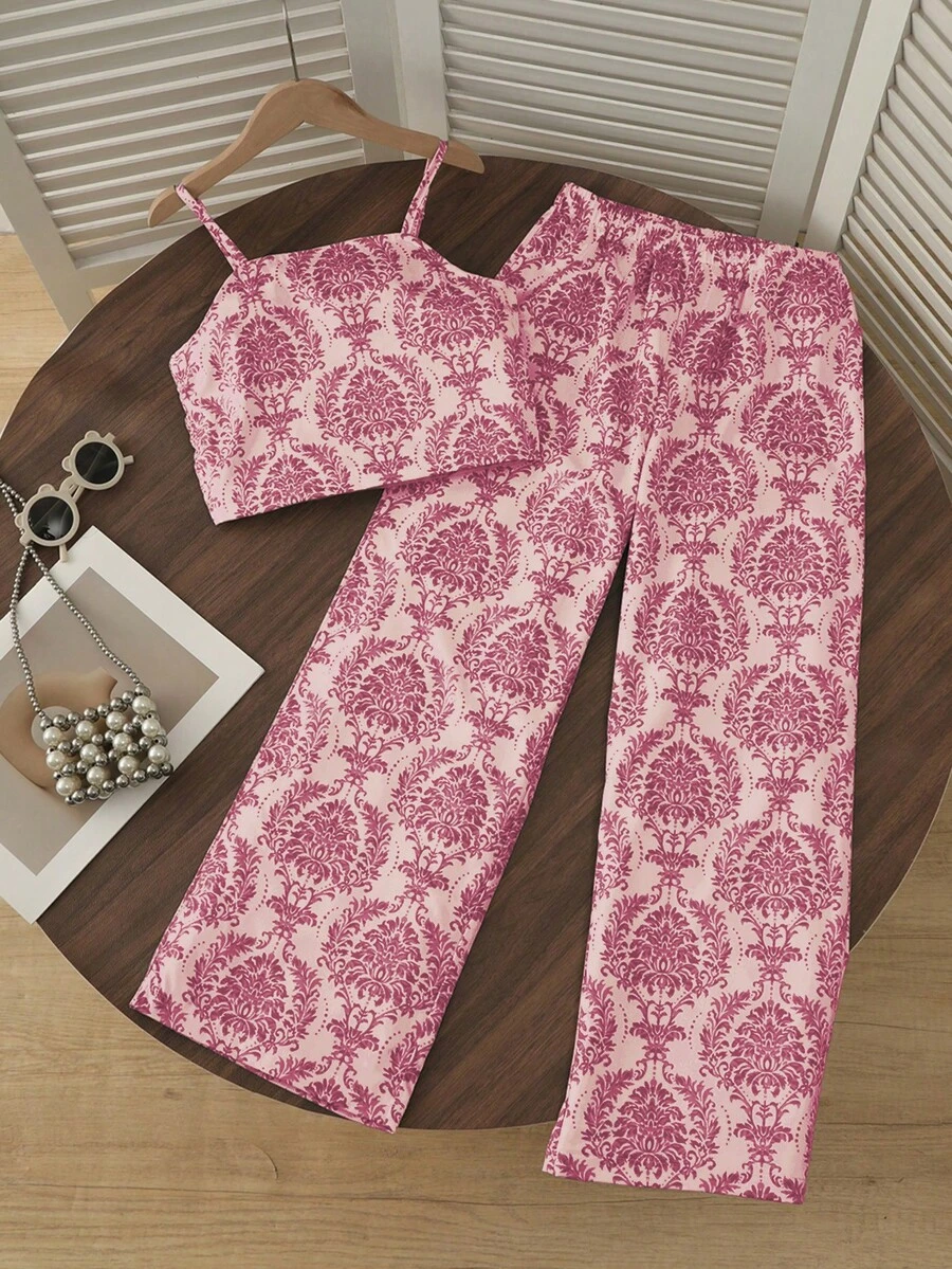 Sparklyn 女童（加大码）度假波西米亚风图腾花卉吊带背心上衣+宽松直筒裤编织背心套装 - 玫紅色 - 查看 1