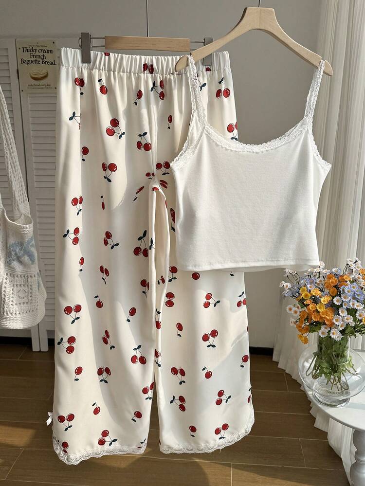 Comfortcana Conjunto de 2 peças com Alça e Regata com Estampa de Frutas e Renda, Estilo Casual e Doce para Tamanhos Grandes, Primavera/Verão - Branco - Visão 2