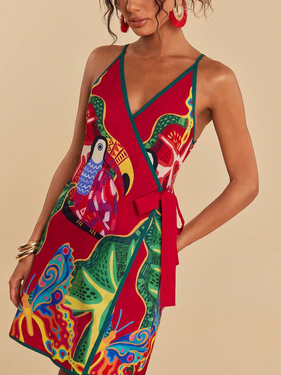 SHEIN TRVLCHIC Đầm hai dây ngắn buộc dây bên hông in hình bướm dành cho nữ, thích hợp cho kỳ nghỉ. - Nhiều màu - Xem 1