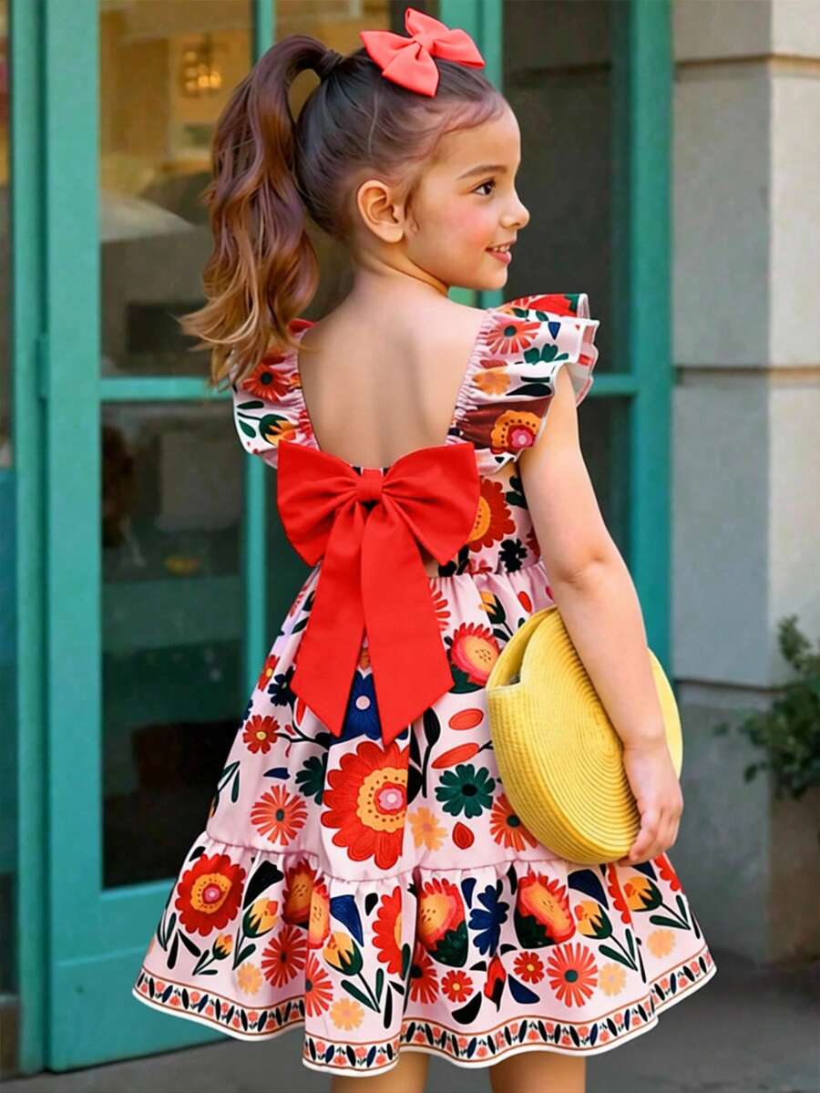 SHEIN Elladie kids 小女孩甜美可爱沙滩度假夏季短袖蝴蝶结装饰连衣裙,适合日常和假日穿着 - 橘色 - 查看 1