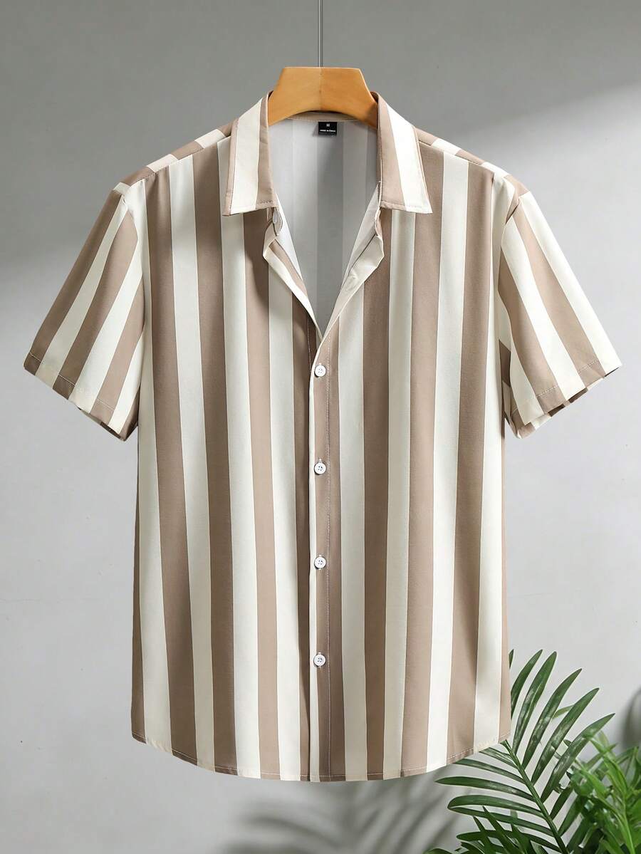 Manfinity Homme Cămașă bărbătească cu dungi, cu un singur rând de nasturi, casual, cu mânecă scurtă (croială neregulată) - Multicolor - Vizualizare 1