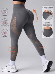 Easithlete Quần legging thể thao yoga, tập thể dục không đường may, độ co giãn cao, có các mảng lưới thoáng khí. - Màu xám đen - Xem 1