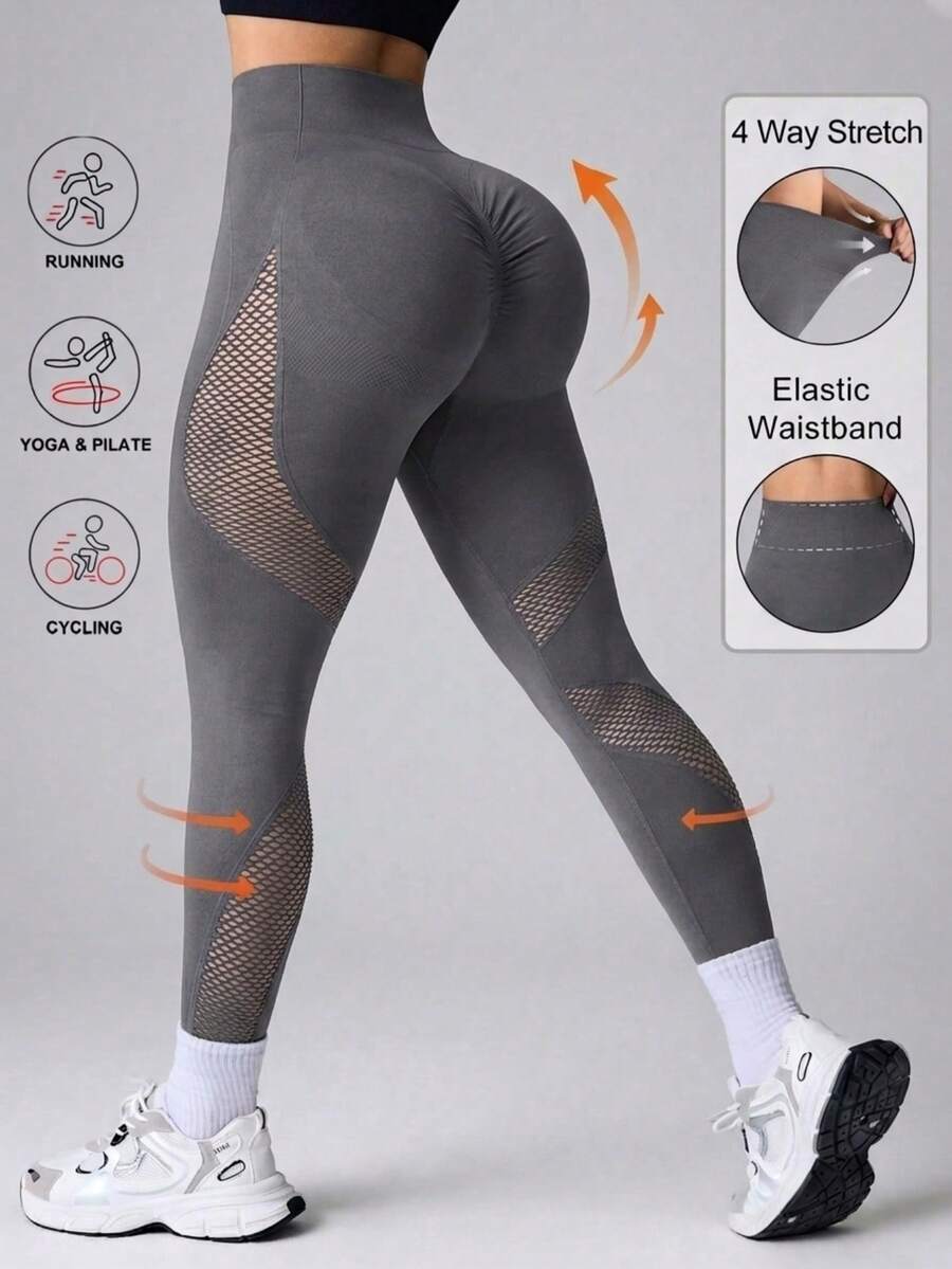 Easithlete Quần legging thể thao yoga, tập thể dục không đường may, độ co giãn cao, có các mảng lưới thoáng khí. - Màu xám đen - Xem 1